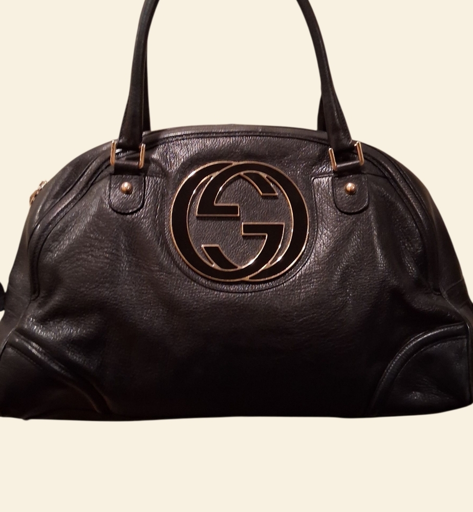 Elegant Black Leather Satchel with Gold Logo